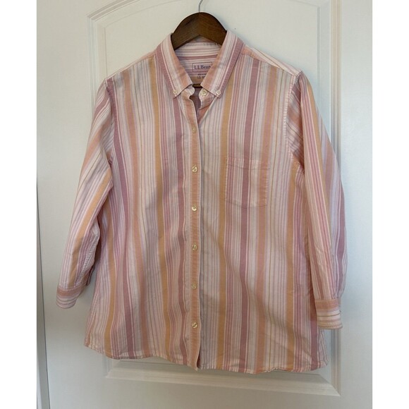 LL Bean Womens Shirt Large Reg Button Striped 100% Cotton Pastel Career Preppy - Picture 1 of 10